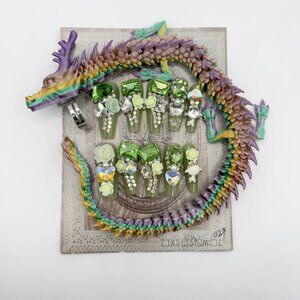 Luxury Dragon Ring Press-On Nails | Rhinestone 3D Flower | Long Coffin